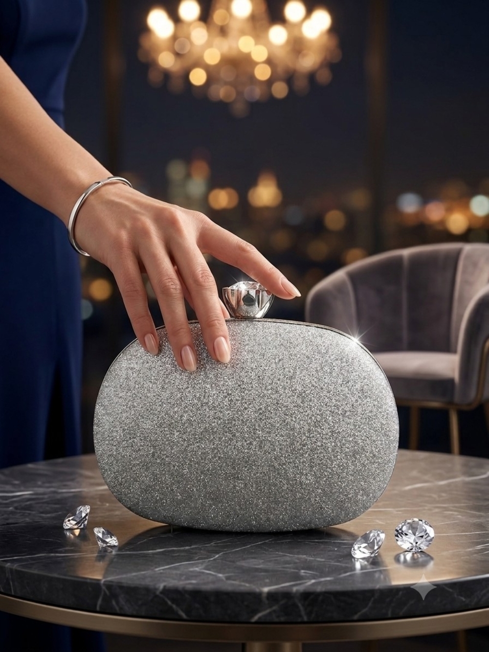 Silver Glitter Oval Evening Clutch by